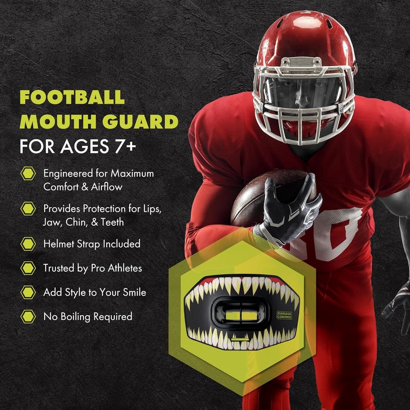 DAMAGE CONTROL Youth Football Mouth Guard – Breathable No Boil Mouthpiece, Protects Lips & Teeth, Works with Braces, Includes Helmet Strap – Sports Gear & Accessories (Symbite) - Image 2